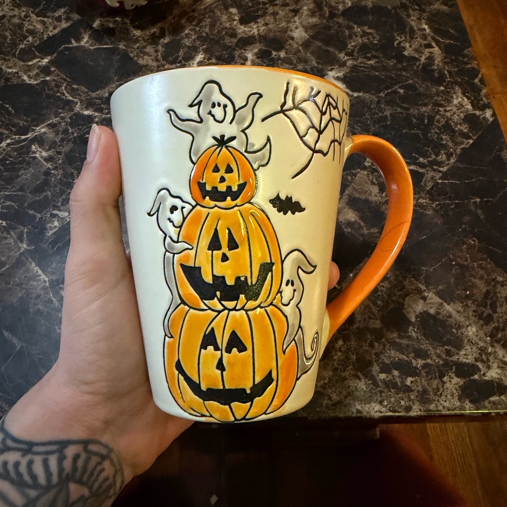 Halloween Pumpkin and Ghost Mug - Orange and White
